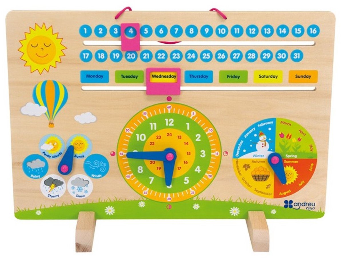 Calendrier éducatif Andreu Toys – apprentissage de l'horloge et du jeu de date multicolore.