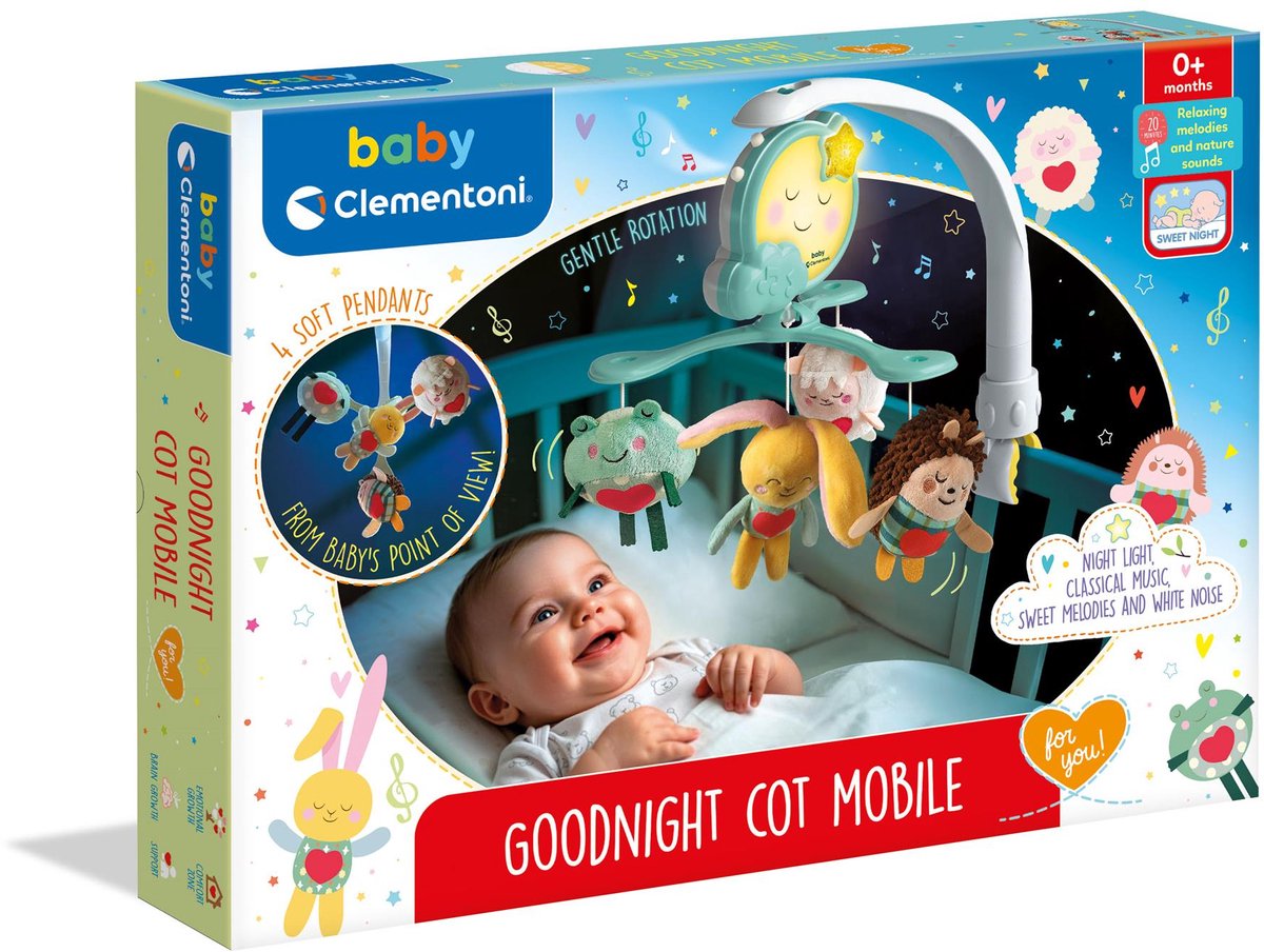 Clementoni - bébé - mobile lit bonne nuit - mobile bébé avec lumière et musique - à partir de 0 mois