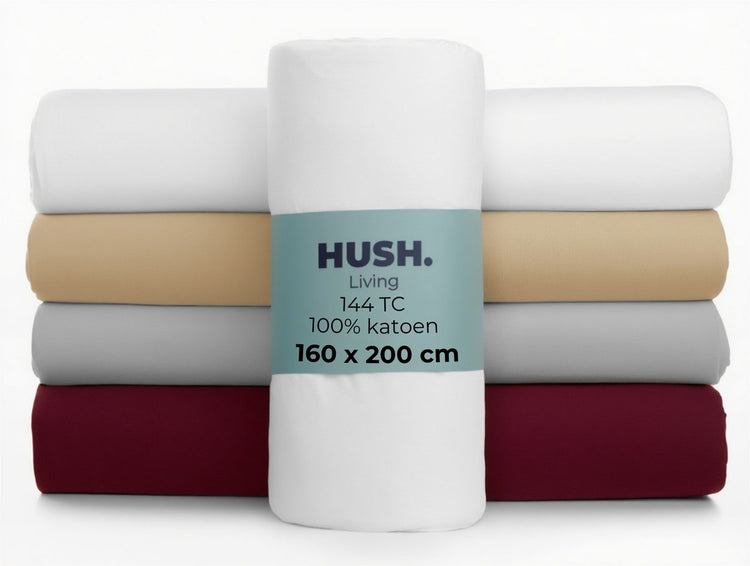 Faire taire. Living Hush Living Drap-housse 100% coton, 144 fils, flexible et respirant - élastique tout autour - 160x200+30cm - blanc
