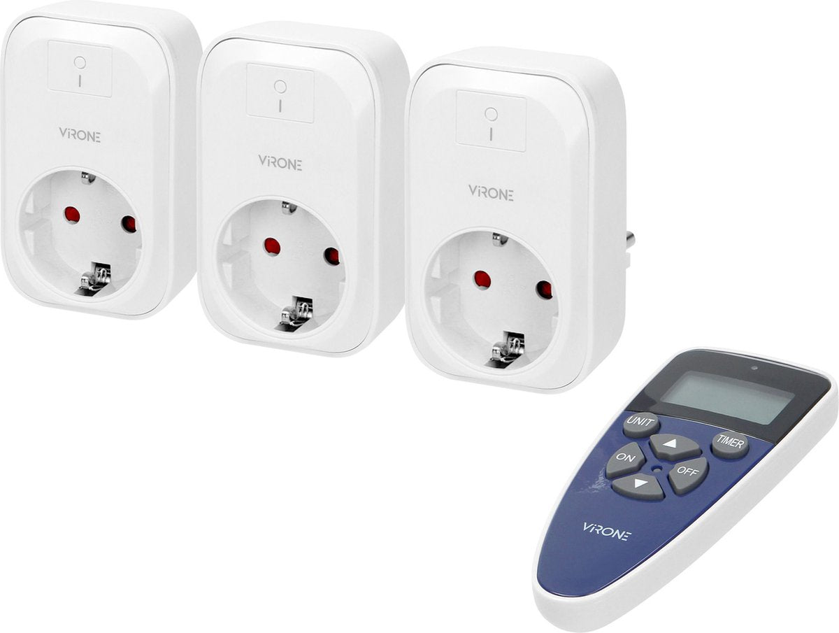 Kit d'interrupteurs sans fil Virone max. distance 30 mètres - prise 3x avec télécommande - kit d'interrupteurs pour l'intérieur max. 3680 watts - blanc