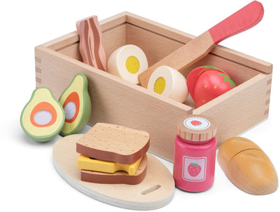 Woet ® set de découpe en bois petit-déjeuner dans une boîte de rangement - set de jeu pour petit-déjeuner avec planche à découper pain, fromage, œuf et fruits - nourriture jouet éducatif - jouets de cuisine de jeu de rôle - à partir de 2 ans