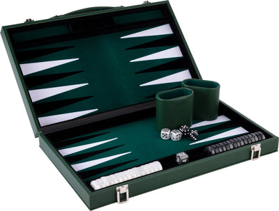 Backgammon Longfield 18 pouces - plateau incrusté vert, noir et blanc - étui vert luxueux avec poignée - coeur d'ange