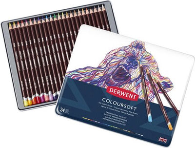 Crayons de couleur Derwent Coloursoft dans une boîte métallique - lot de 24 crayons résistants à la lumière