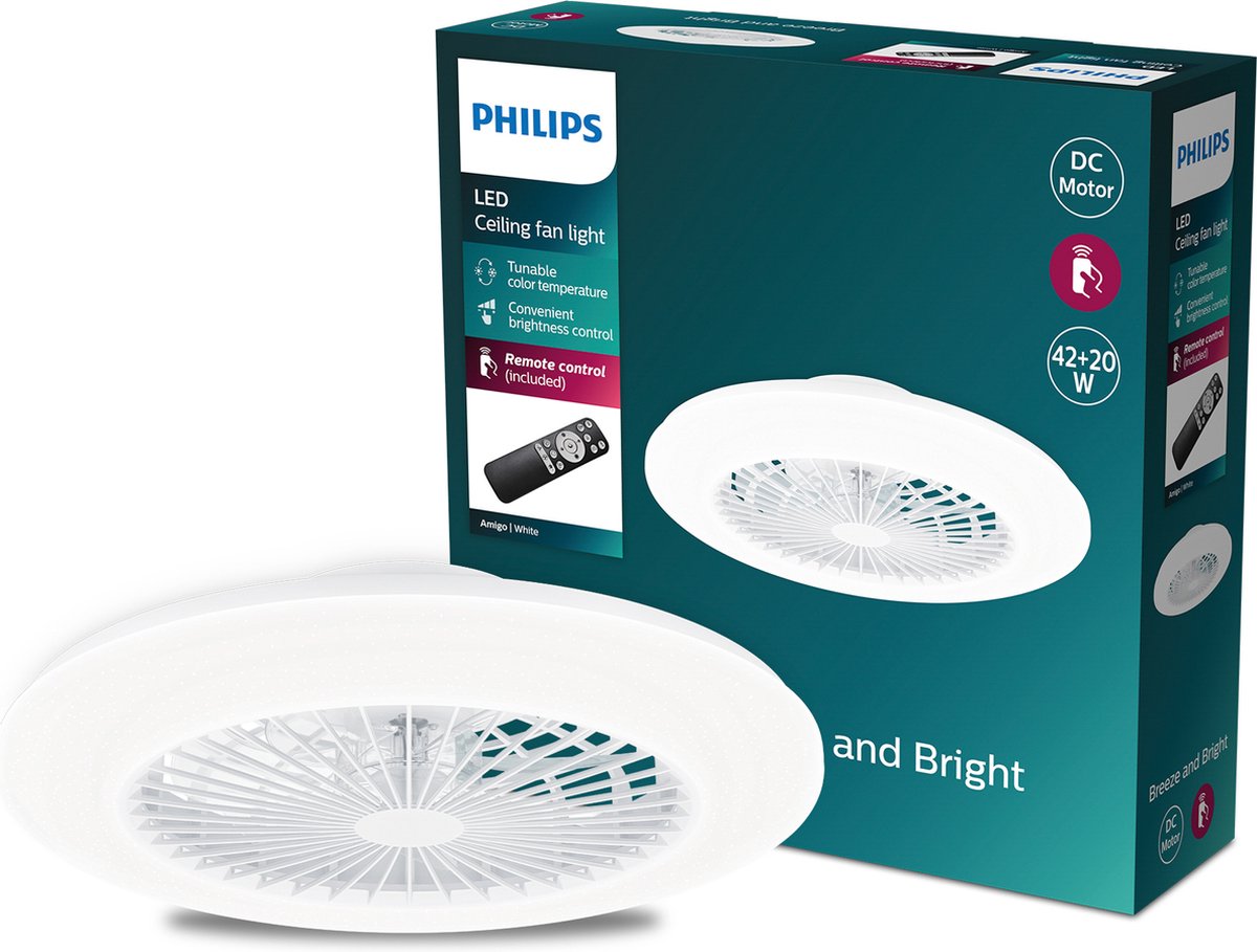 Philips LED Ventilateur Philips Amigo - éclairage LED économe en énergie - plafonnier - température de couleur réglable - diamètre 48,5 cm - télécommande - blanc