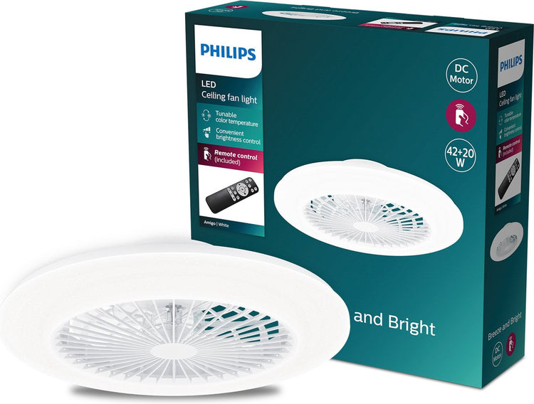 Philips LED Ventilateur Philips Amigo - éclairage LED économe en énergie - plafonnier - température de couleur réglable - diamètre 48,5 cm - télécommande - blanc