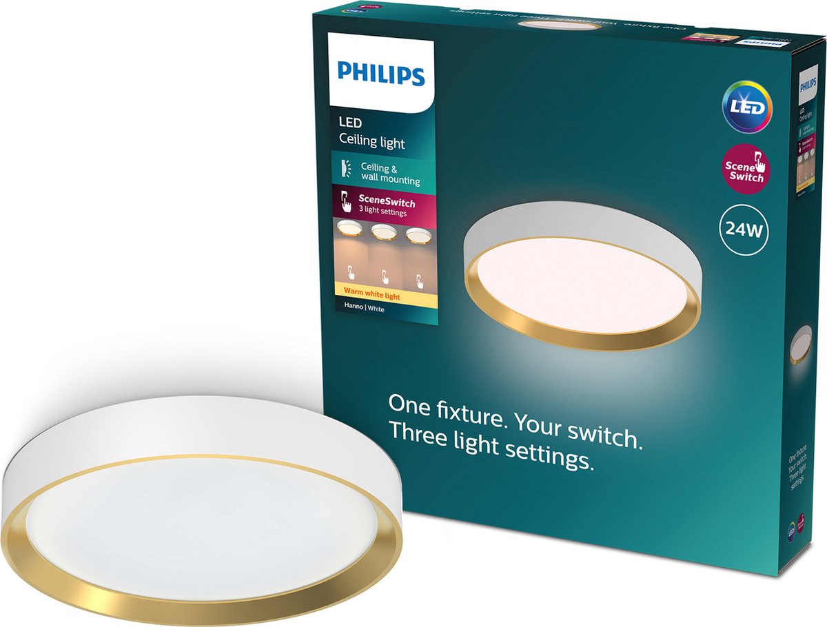 Philips LED Plafonnier Philips Hanno - technologie d'éclairage à interrupteur de scène - 24w - lumière blanc chaud - blanc avec design doré