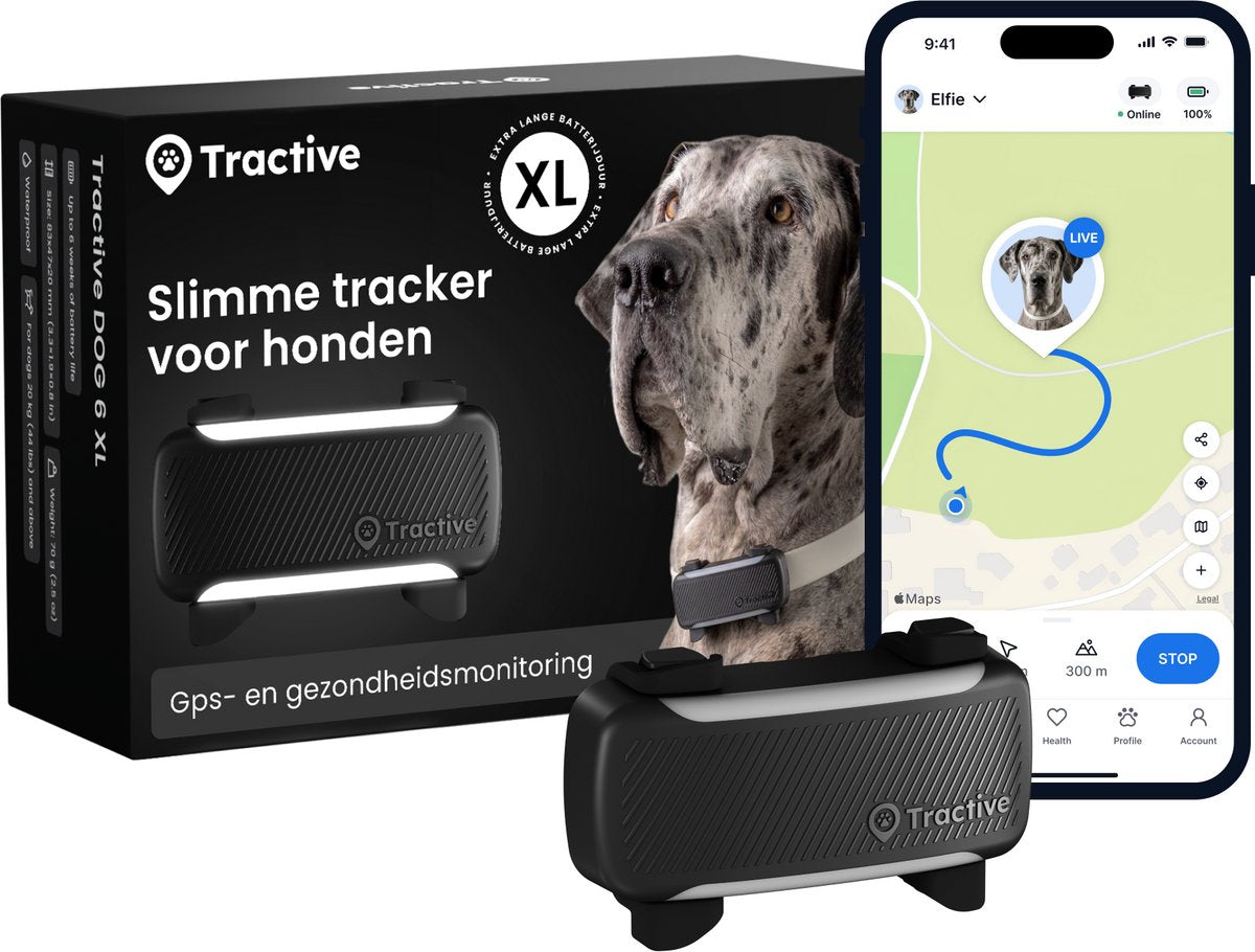 Tractive Dog 6 XL – Traceur GPS intelligent pour chiens avec surveillance des valeurs vitales et alertes de santé, autonomie de la batterie 6 semaines – Noir