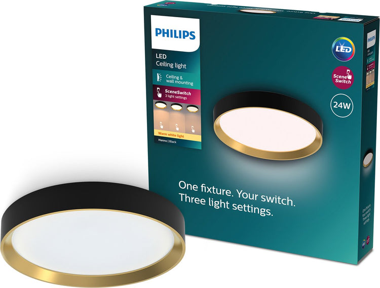 Philips LED Plafonnier Philips Hanno - technologie d'éclairage à interrupteur de scène - 24w - lumière blanc chaud - noir avec design doré