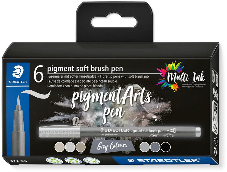 Stylo pinceau doux Staedtler pigment arts | caisse de 6 pièces | nuances de gris