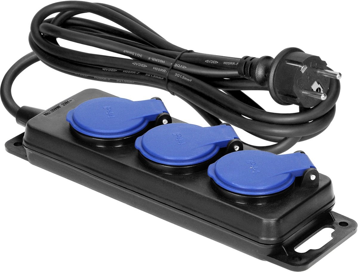 Multiprise robuste Orno pour l'extérieur - rallonge 5 voies - IP44 anti-poussière - rallonge 3 mètres - h05rr-f 3x1,5mm² - rallonge avec bloc de distribution