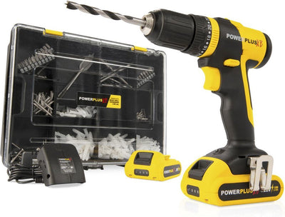 Perceuse à percussion sans fil Powerplus POWXB10070 - 3 en 1 : perceuses, marteaux perforateurs et vis, perceuse 20 V, 30 nm, vis gauche et droite, incl. 2 batteries 1,5 Ah et 1 chargeur, 362 accessoires