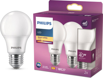Lampe à économie d'énergie LED Philips mate - 40 w - E27 - lumière blanc chaud - 2 pièces - économisez sur les coûts énergétiques
