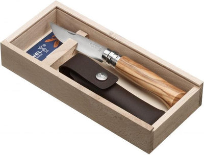 Couteau de poche Opinel n°08 - acier inoxydable - bois d'olivier - coffret en bois