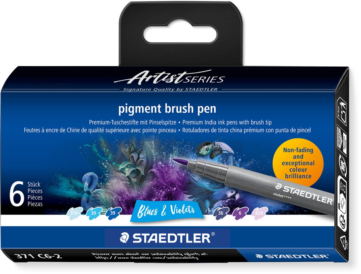 Staedtler - Artist Series - Set de stylos pinceaux pigmentés 6 couleurs bleus violets