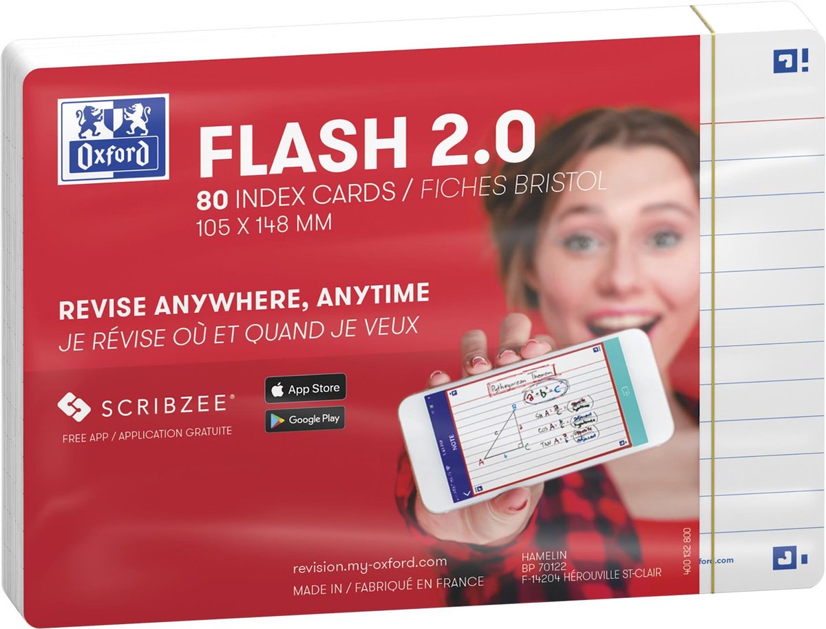 Oxford flash 2.0 - flashcards - ligné - a6 - blanc - 80 pièces