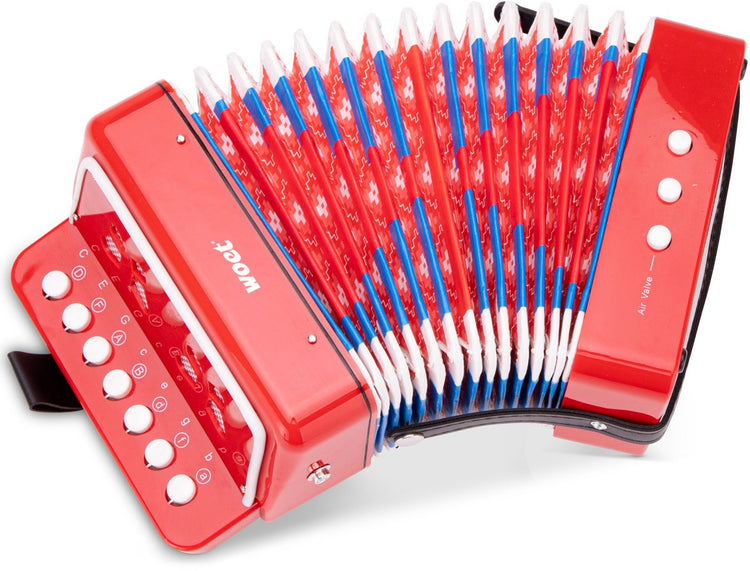 Accordéon jouet Woet ® pour enfants - instrument jouet - rouge - avec livret de musique avec 8 chansons - à partir de 3 ans