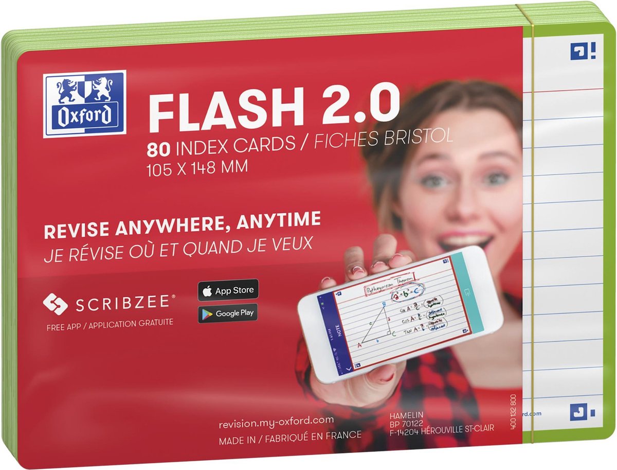 Oxford flash 2.0 - flashcards - ligné - a6 - bordure verte - 80 pièces