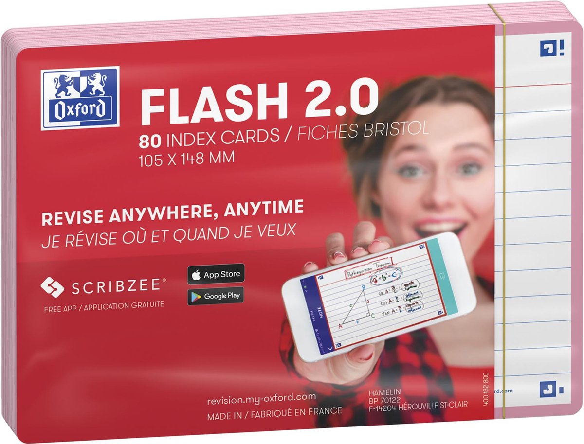 Oxford flash 2.0 - flashcards - ligné - a6 - bordure rose - 80 pièces