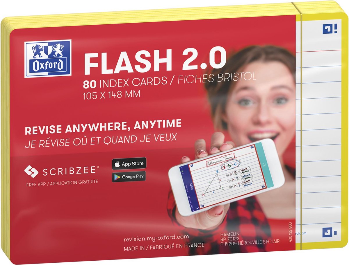 Oxford flash 2.0 - flashcards - ligné - a6 - bordure jaune - 80 pièces