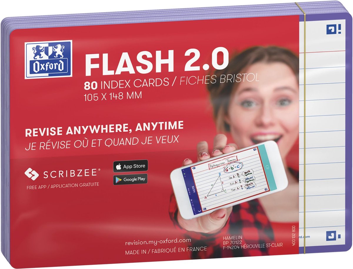 Oxford flash 2.0 - flashcards - ligné - a6 - bordure violette - 80 pièces