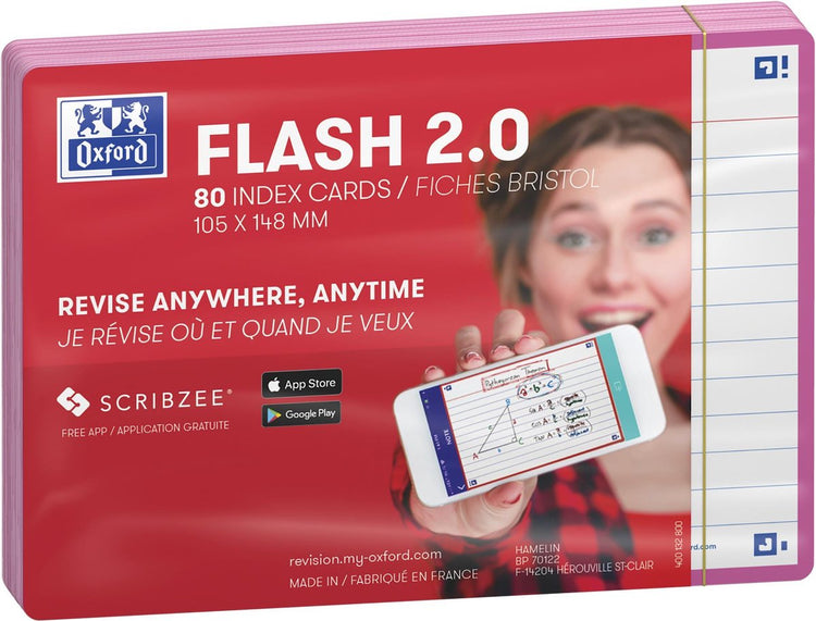 Oxford flash 2.0 - flashcards - ligné - a6 - bord fuchsia - 80 pièces