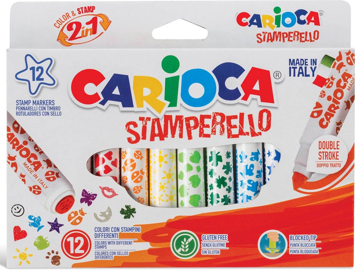 Carioca - marqueur tampon - super lavable - 12 marqueurs (= 12 couleurs et 12 motifs de tampon)