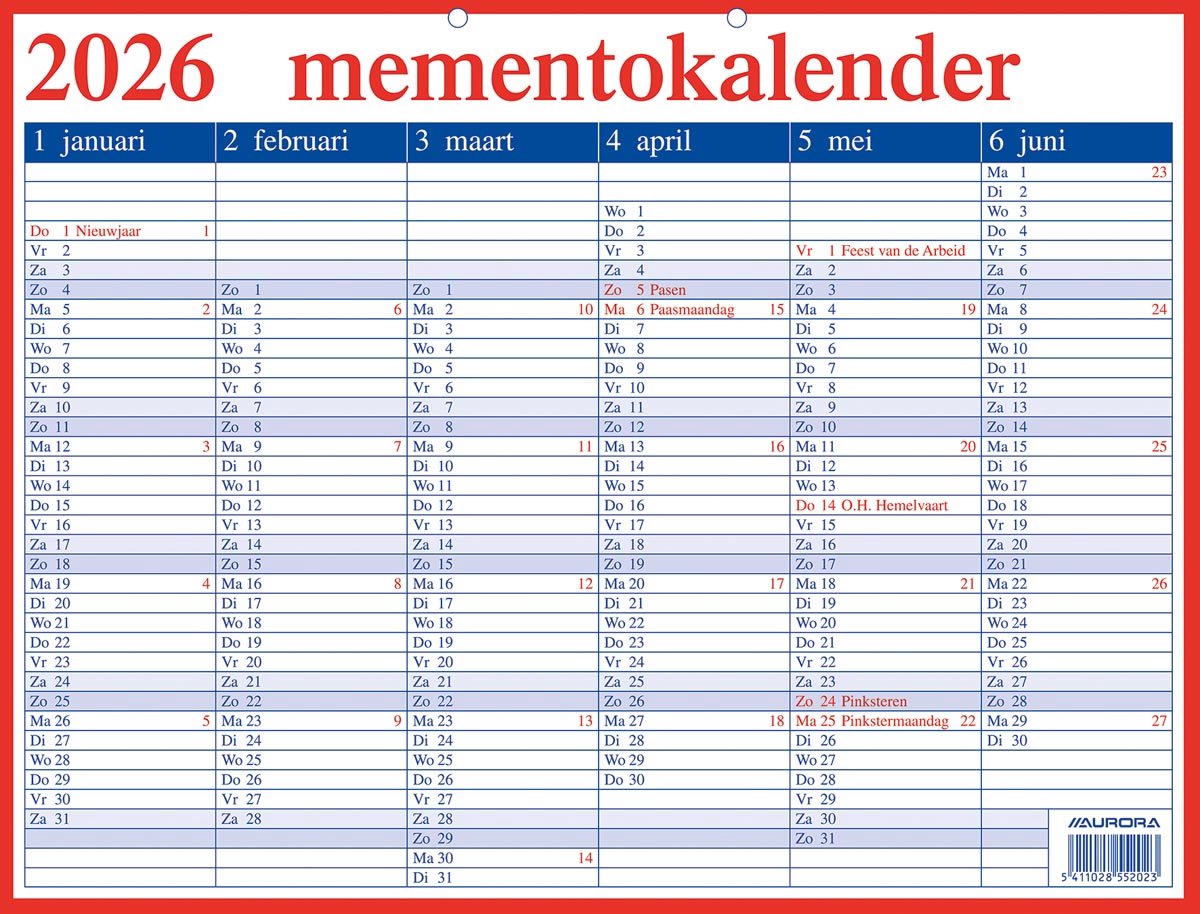 Calendrier souvenir Aurora 2025 be - nl 42x33cm