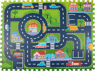 Eddy Toys Puzzle Mat City 12 pièces - Tapis de jeu avec routes et voitures - Tapis de jeu en mousse pour enfants avec carrelage - Tapis de jeu réseau routier pour intérieur - Tapis de sol jouets - 90 x 120 cm