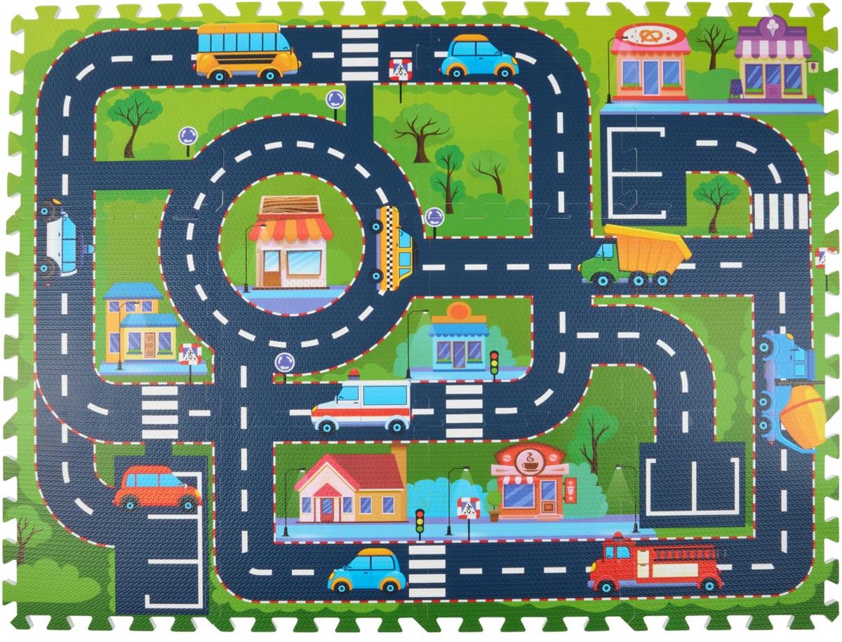 Eddy Toys Puzzle Mat City 12 pièces - Tapis de jeu avec routes et voitures - Tapis de jeu en mousse pour enfants avec carrelage - Tapis de jeu réseau routier pour intérieur - Tapis de sol jouets - 90 x 120 cm