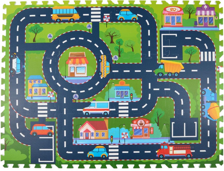 Eddy Toys Puzzle Mat City 12 pièces - Tapis de jeu avec routes et voitures - Tapis de jeu en mousse pour enfants avec carrelage - Tapis de jeu réseau routier pour intérieur - Tapis de sol jouets - 90 x 120 cm