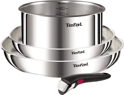 Tefal Ingenio Emotion L896S453 – set de poêles 4 pièces – acier inoxydable 2 poêles 1 casserole – poignée amovible – empilable – compatible induction – passe au four – batterie de cuisine compacte