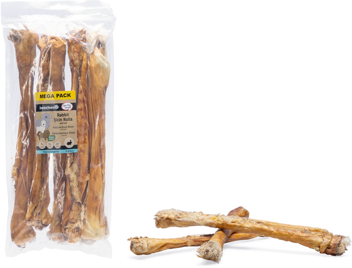 Beeztees rouleau de peau de lapin avec poils 5 pièces - 35-45 cm - naturel - - snacks pour chien - à mâcher pour chien