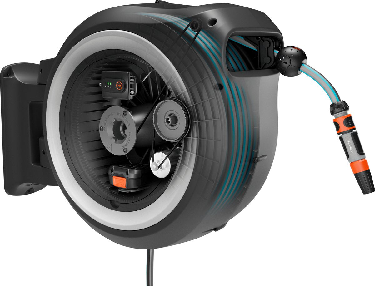 Gardena powerroll xl kit enrouleur de tuyau à batterie - gris-blanc - 35 m
