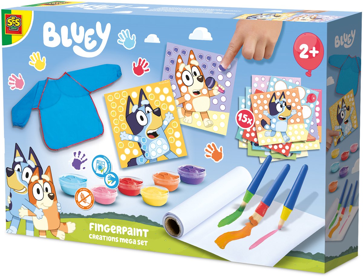 Ses creative bluey - peinture au doigt - méga set - végétalien sans gluten - facile à laver - pour les enfants à partir de 2 ans - 15 cartes et 1 tablier de désordre