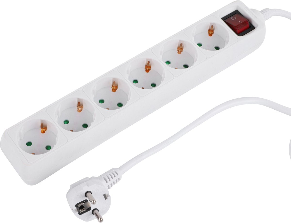 Prise Q-link - 6 prises - mise à la terre - avec interrupteur - 3 x 1,5 mm² - 1,5 m - blanc