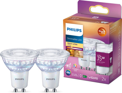 Spot LED Philips économe en énergie - 35 W - GU10 - Lumière blanc chaud à intensité variable - 2 pièces - Économisez sur les coûts énergétiques