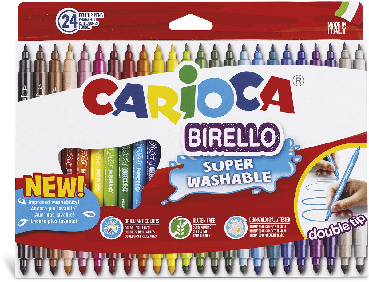 Feutres double pointe Carioca Birello - 24 couleurs - lavables - pointe fine (2,6 mm) large (4,7 mm) - marqueurs de coloriage pour enfants