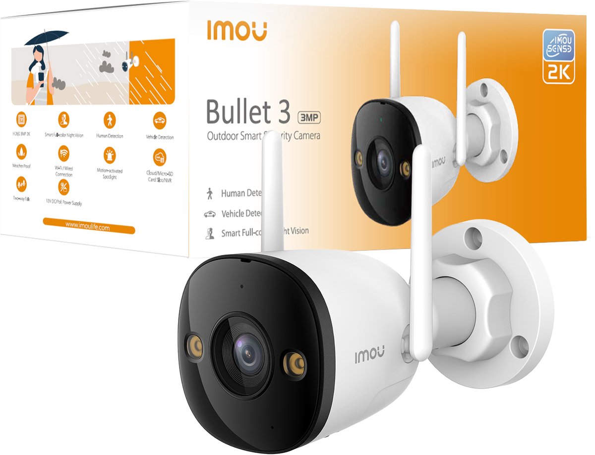 Caméra extérieure wifi Imou bullet 3 2k - ip67 - détection de personne IA - vision nocturne - audio bidirectionnel - blanc
