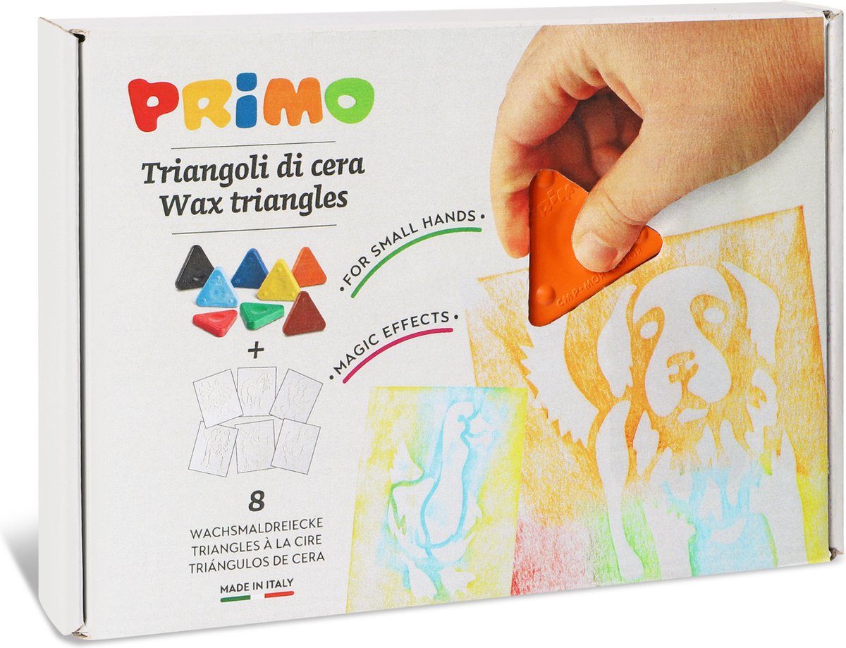 Primo - 8 crayons de cire triangle côté 50 mm avec pochoirs en boîte