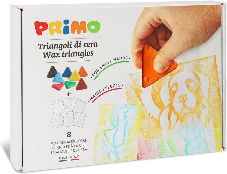 Primo - 8 crayons de cire triangle côté 50 mm avec pochoirs en boîte