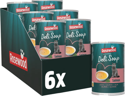 Soupe de charcuterie au bois de rose saumon - snack pour chat en bouillon - avec des morceaux de saumon moelleux - bien sûr sans sel ni sucre ajoutés - 6 canettes de 135ml