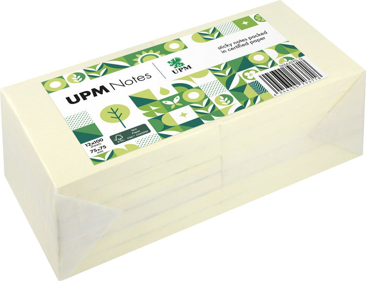 Notes d'information upm sticky notes - pastel - 12 x 100 feuilles - 75x75mm - jaune - in-5654-01pg12