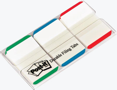 Index post-it® 3m fort, fond blanc, vert, bleu, rouge, 25,4 x 38 mm, distributeur de 22 onglets couleurs