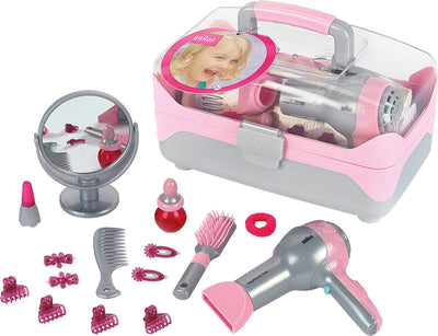 Mallette de coiffure Klein Toys Braun avec sèche-cheveux - accessoires pour cheveux, miroir, rouge à lèvres et parfum - incl. ventilateur avec mécanisme d'air froid - gris rose