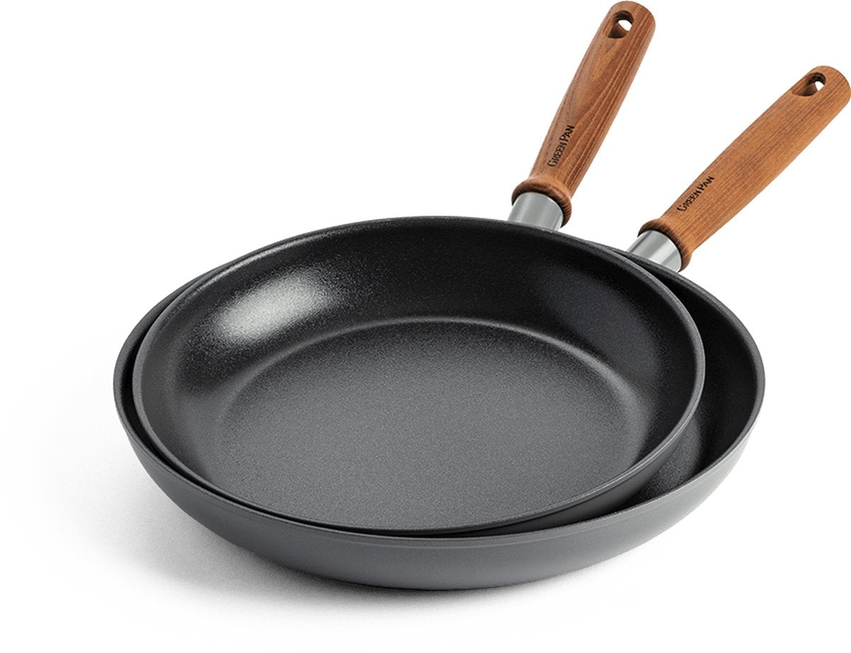 Greenpan mayflower pro ceramic set de poêles 2 pièces - 20 et 28 cm - set de poêles à induction - set de poêles à induction - poêle 20 cm - poêle 28 cm - sans pfas - gris - manche en bois