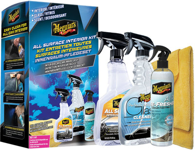 Kit intérieur toutes surfaces Meguiar's - Nouveau déclencheur de rafraîchissement d'air de voiture - Nettoyant pour vitres d'une clarté parfaite - Nettoyant intérieur toutes surfaces - Serviette en microfibre suprême brillance