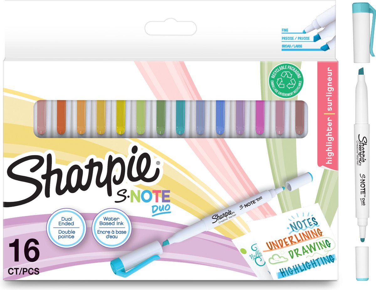 Surligneurs Sharpie S-Note Duo | marqueurs pastel créatifs double face | pointe sphérique et compensée pour surligner, dessiner, prendre des notes et plus encore | 16 pièces