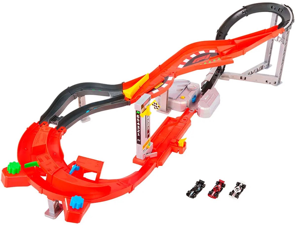 Hot Wheels Racing Circuit de descente de Formule 1 avec 3 voitures de F1 en métal