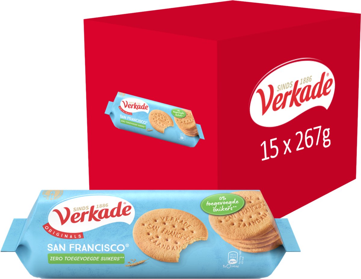 Verkade - biscuit - biscuits zéro san francisco - 0% de sucre ajouté - 15 x 267 grammes