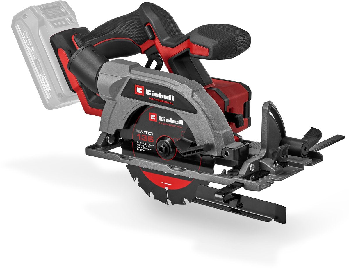 Scie circulaire professionnelle sans fil Einhell tp-cs 18 136-c li bl solo - power x-change - 18 v li-ion - modèle compact - moteur brushless - 4 000 t min - ø136x20 mm 16 t - max. profondeur de coupe : 90° 45° : 51 35 mm - excl. batterie et chargeur